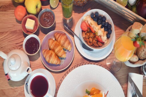 Traditional breakfast View from above of a richly laid breakfast table.